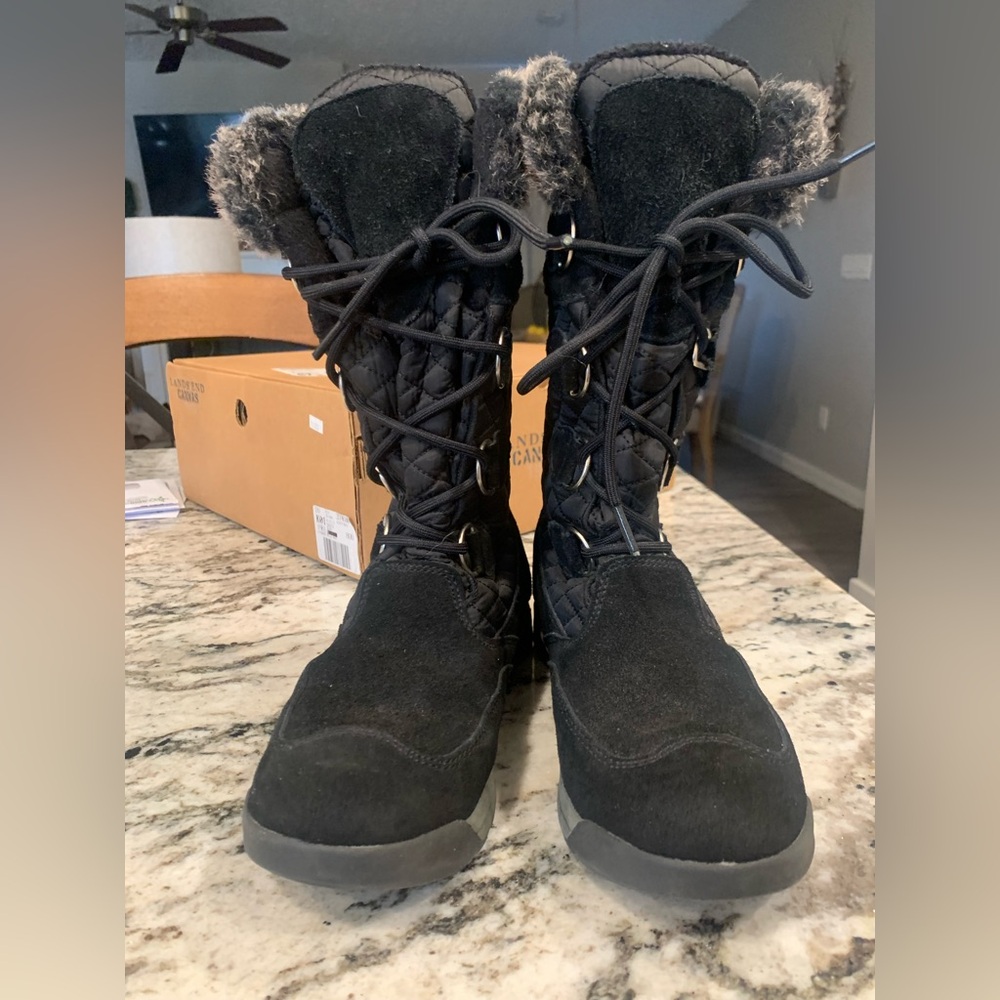 Lands' End Black Winter Boots with Faux Fur Trim